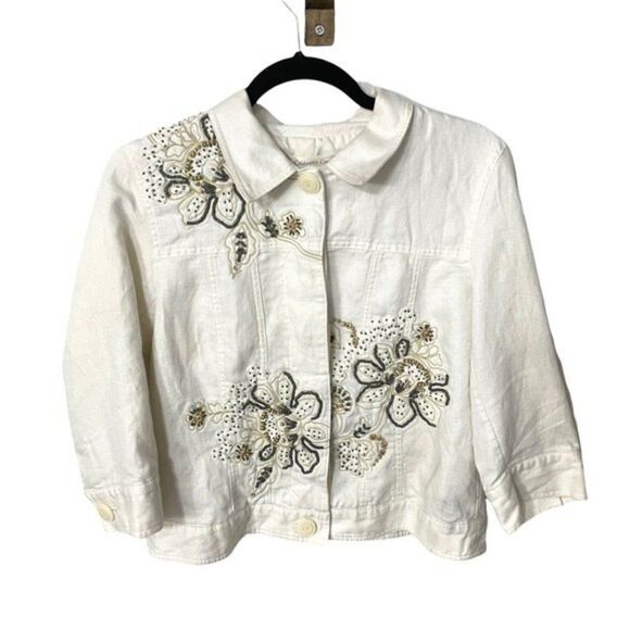 Coldwater creek jacket womens ivory embroidered floral jacket size 10 - Picture 1 of 11